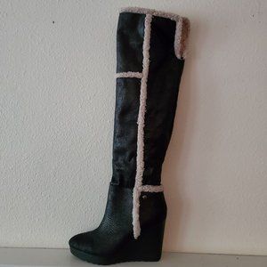 Thigh high fabric faux sheepskin wedge heeled boots